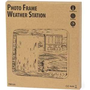 A rectangular cardboard box featuring a photo frame design with a digital display for temperature and humidity.