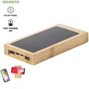 A bamboo power bank with a solar panel and multiple USB ports for charging devices.
