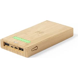 A bamboo power bank with multiple ports and a wireless charging area, featuring a logo on the surface.