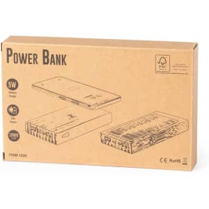 A kraft cardboard box containing the Diuk Fsc Power Bank, featuring illustrations of the power bank and a wireless charger.