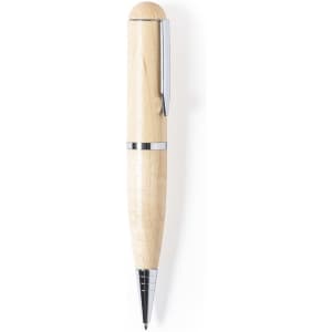 A wooden ballpoint pen with a silver trim and a smooth, natural finish. It features a clip and a logo.