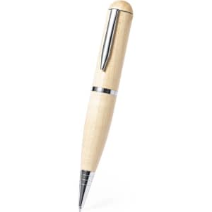 A wooden ball pen with a natural finish and chrome accents, featuring a logo on its body.