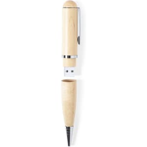 A wooden ballpoint pen in natural wood finish, with a silver clip and a hidden USB drive.
