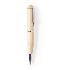 A wooden ballpoint pen with a natural finish and chrome accents, featuring a clip and a sleek design.