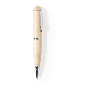 A wooden ballpoint pen in a light colour, featuring a silver clip and detailing. It has a logo on the side.