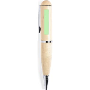 A wooden ballpoint pen with a natural finish and chrome accents, featuring a smooth barrel design.
