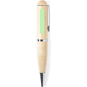 A wooden ball pen with a silver clip and tip, featuring a light green area, designed for writing.