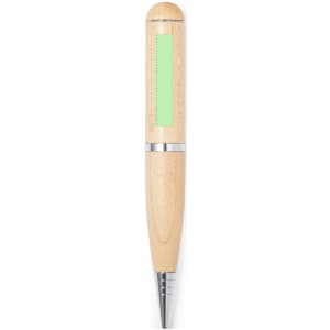 A wooden ballpoint pen with a silver trim and a green area for branding or customisation.