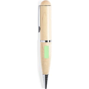 A wooden ballpoint pen with a smooth, light-coloured body and chrome accents. It features a branding logo.