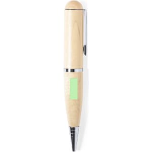 A wooden ballpoint pen in natural wood finish with chrome accents and a silver clip, featuring a logo.