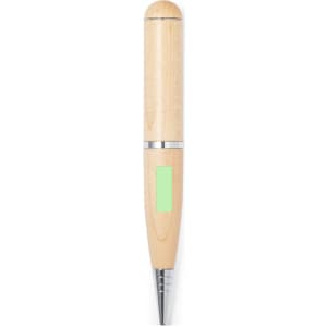 A wooden ballpoint pen with a silver clip and a green accent on the barrel. It has a smooth, natural finish.