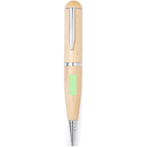 A wooden ballpoint pen with a sleek silver clip and tip, featuring a natural wood finish. It includes a branding logo.