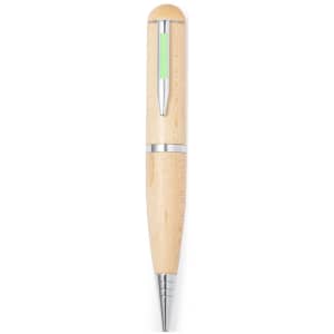 A wooden ballpoint pen in light brown with silver accents and a green detailing. It has a logo on the barrel.