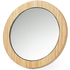 A round pocket mirror with a bamboo frame, featuring a clear reflective surface.