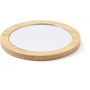 A round pocket mirror with a bamboo frame, featuring a reflective surface in the centre.