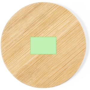 A round bamboo pocket mirror with a green rectangular accent in the centre. The surface has a natural wood finish.