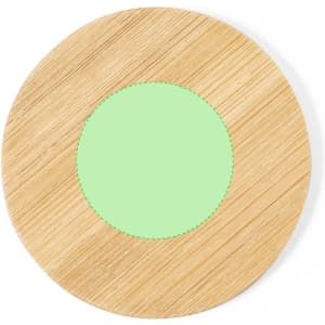 A round, bamboo pocket mirror featuring a green centre and a textured wooden outer edge.