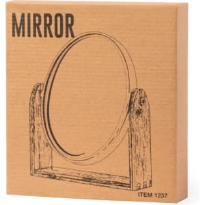 A decorative mirror in a round shape, presented in a cardboard box with a sketch of the product.