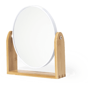 A round mirror with a white frame and a natural wood stand. It features a minimalist design.