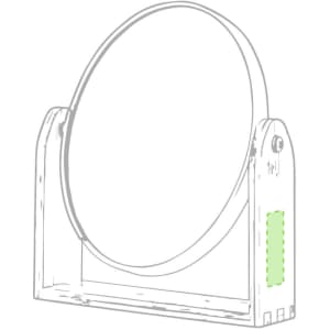 A round mirror with a wooden frame, featuring a simple design and a small logo on the side.