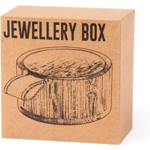 A jewellery box in a brown cardboard package featuring a simple design and a handle. It has a logo on the front.