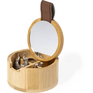 A bamboo jewellery box featuring a mirror and compartments for organising earrings and accessories.
