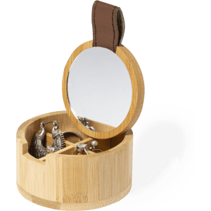 A round bamboo jewellery box with a mirror, featuring compartments for earrings and small accessories.