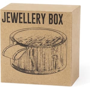 A cardboard box featuring a simple illustration of a jewellery box with a side handle. The box is unadorned and brown.