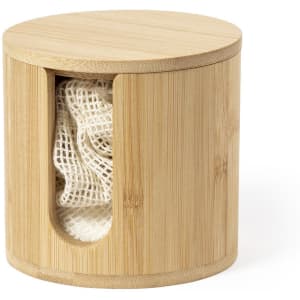 A bamboo cosmetic pad dispenser with an open side revealing mesh pads inside. It features a smooth, round design.