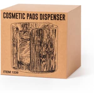 A cosmetic pad dispenser in a brown cardboard packaging, featuring a design illustration of the product.