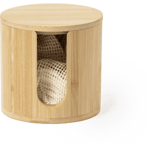 A bamboo cosmetic pad dispenser with a rounded design, featuring an open slot for easy access to the pads inside.