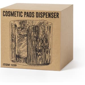 A brown cardboard box containing a cosmetic pads dispenser featuring a wood-like design. The box has a simple logo.