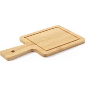 A bamboo chopping board with a rectangular shape and a handle, featuring a small hole for hanging.