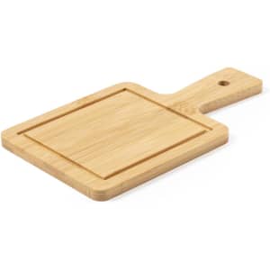 A bamboo chopping board with a rectangular shape and a handle, featuring a hole for hanging.