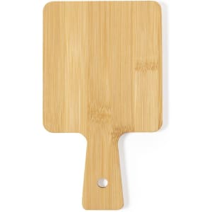 A bamboo chopping board featuring a rectangular shape with a handle and a hole for hanging.