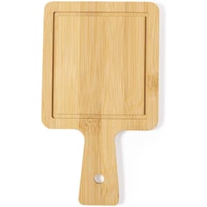 A rectangular bamboo chopping board with a handle and a hole for hanging. It features a smooth, natural wood finish.