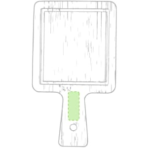 A wooden chopping board with a handle and a rectangular cut-out design, featuring a green accent around the handle.