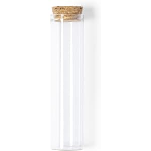 A clear glass container with a cork lid, designed for spices. Simple and elegant in style.