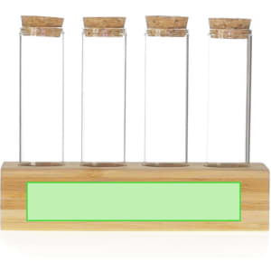 A bamboo spice holder with four clear glass test tubes topped with cork stoppers.