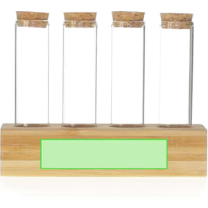 A bamboo spice rack featuring four glass test tubes with cork lids. The base has space for a label.