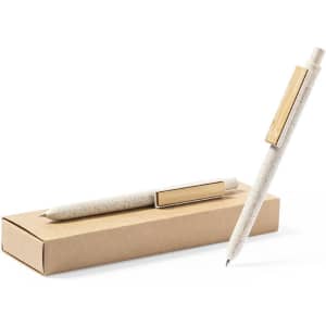A set of two pens with a speckled white body and a wooden clip, packaged in a simple brown box.