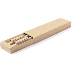 A beige cardboard box containing two wooden pens. The box has a simple design and a branding logo.