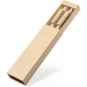 A brown kraft box containing two wooden pens. The box features a simple design and has a branding logo.