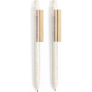 A set of two pens featuring a speckled white design with a wooden and metallic clip.