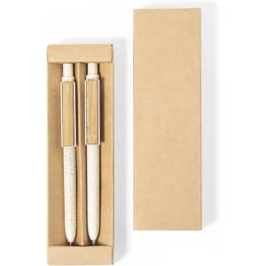 A boxed set of two pens with a speckled white design and gold accents, packaged in a simple brown box.