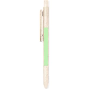 A pen in creamy white with a green accent and a silver clip, featuring a logo on its surface.