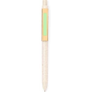 A biodegradable pen with a light green accent and wooden detailing, featuring a logo on the clip.
