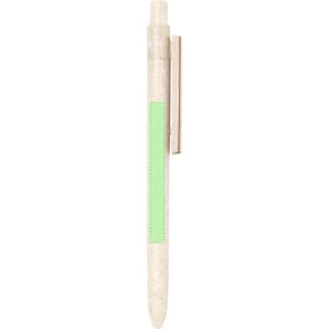 A white pen with a green section and a clip, featuring a logo on the side.