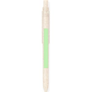 A pen with a light beige body and a green accent area, featuring a clip and a logo.
