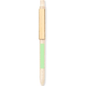 A pen with a light green barrel and a natural wood clip, featuring a logo.